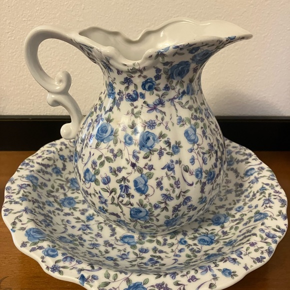 Other - VICTORIAN~SWEET BLUE ROSES ~VIOLETS ~ LEAVES ON WHITE PORCELAIN ~PITCHER & BOWL